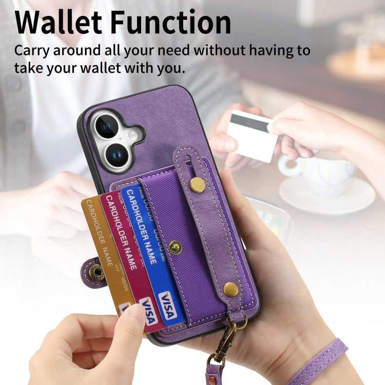 For iPhone 16 Plus Retro Cross Wristband Wallet Leather Back Phone Case