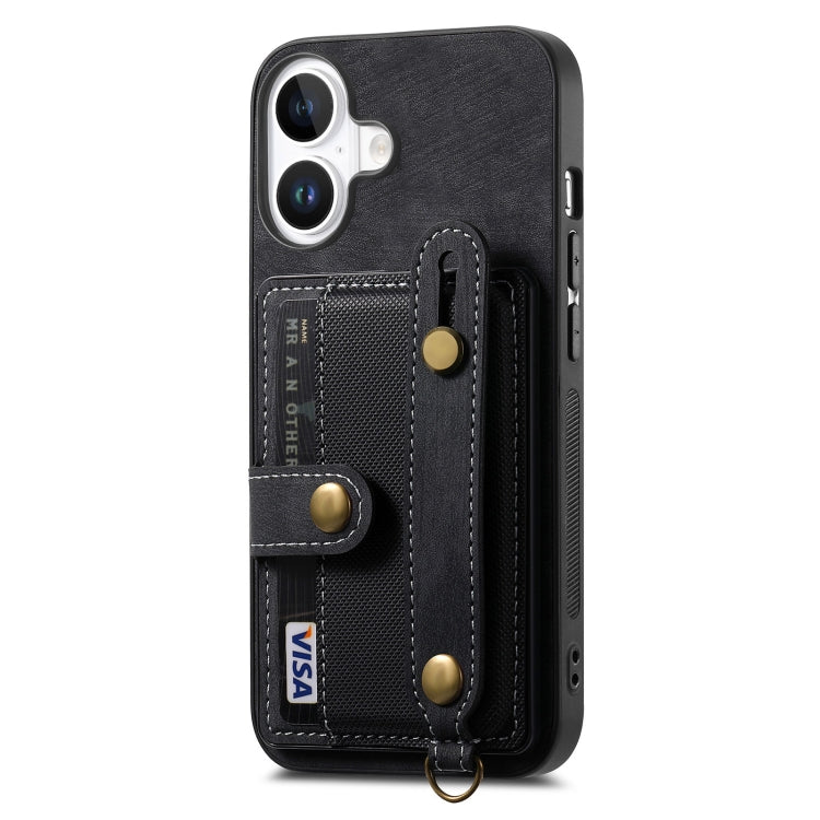 For iPhone 16 Plus Retro Cross Wristband Wallet Leather Back Phone Case