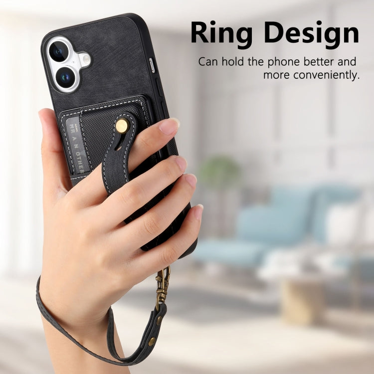 For iPhone 16 Plus Retro Cross Wristband Wallet Leather Back Phone Case