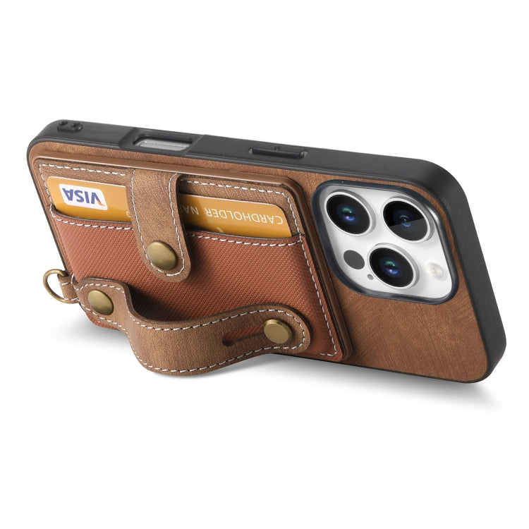 For iPhone 16 Pro Retro Cross Wristband Wallet Leather Back Phone Case