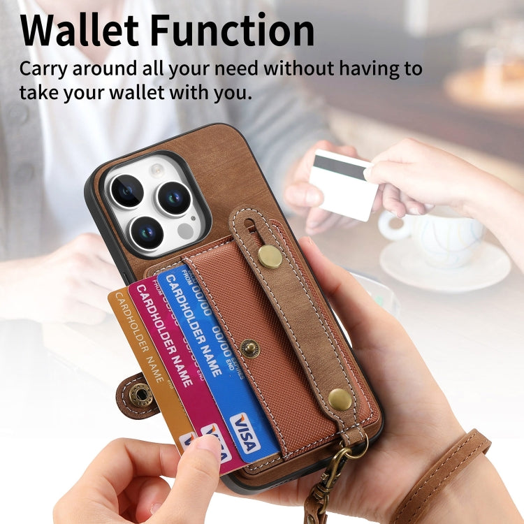 For iPhone 16 Pro Retro Cross Wristband Wallet Leather Back Phone Case