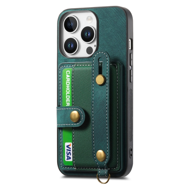 For iPhone 16 Pro Retro Cross Wristband Wallet Leather Back Phone Case