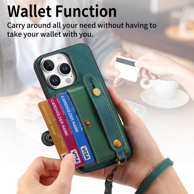 For iPhone 16 Pro Retro Cross Wristband Wallet Leather Back Phone Case