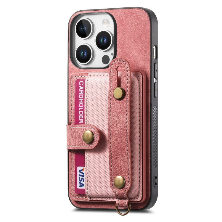 For iPhone 16 Pro Retro Cross Wristband Wallet Leather Back Phone Case