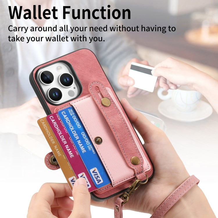 For iPhone 16 Pro Retro Cross Wristband Wallet Leather Back Phone Case