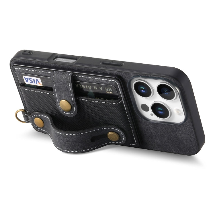 For iPhone 16 Pro Retro Cross Wristband Wallet Leather Back Phone Case