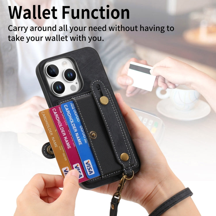 For iPhone 16 Pro Retro Cross Wristband Wallet Leather Back Phone Case