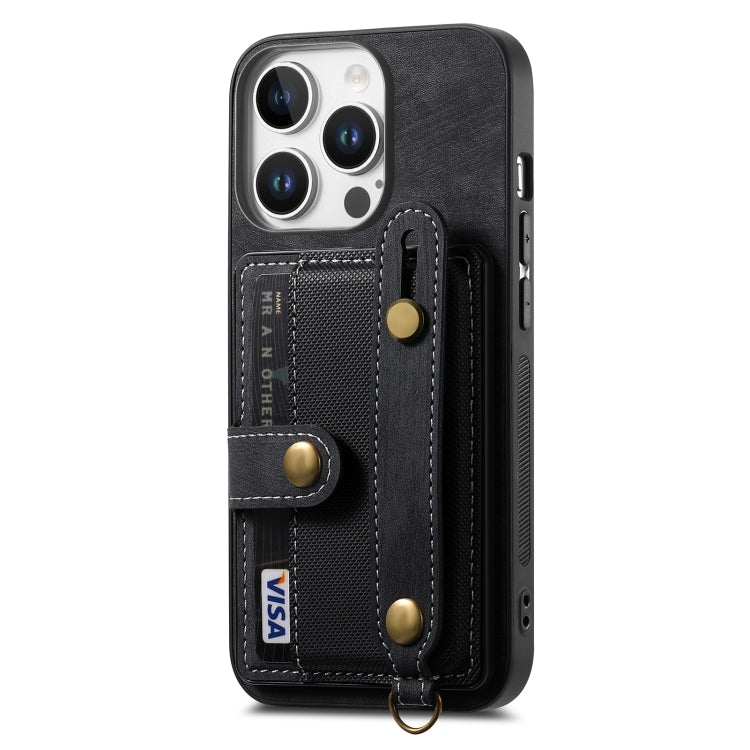 For iPhone 16 Pro Max Retro Cross Wristband Wallet Leather Back Phone Case