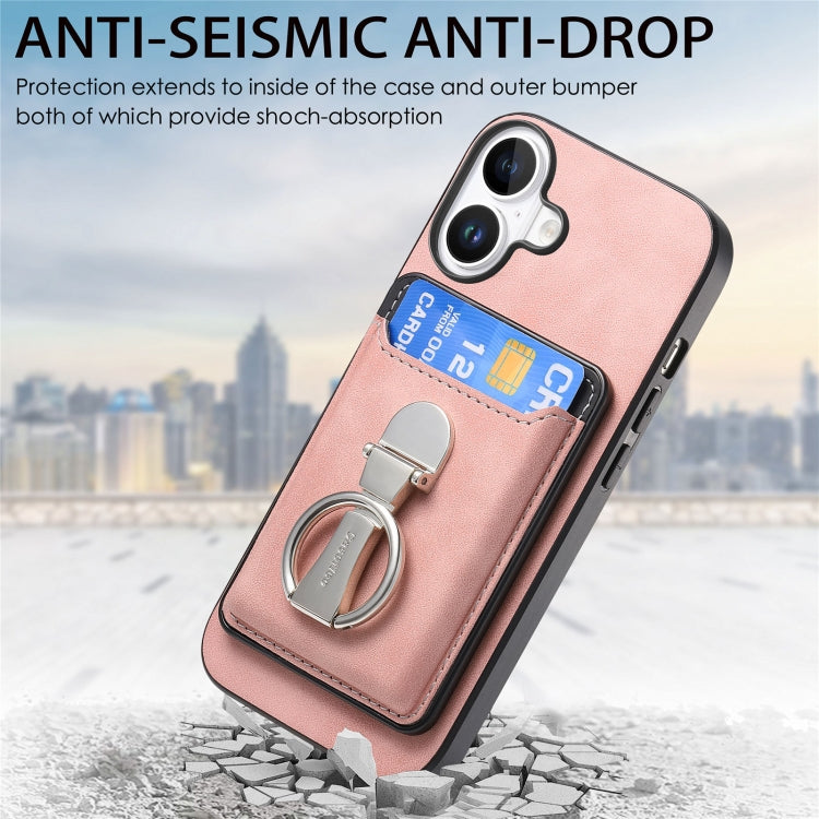 For iPhone 16 Retro Folding Ring Holder Card Bag MagSafe Phone Case