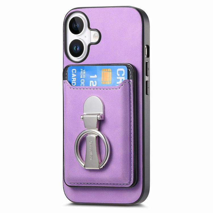 For iPhone 16 Plus Retro Folding Ring Holder Card Bag MagSafe Phone Case