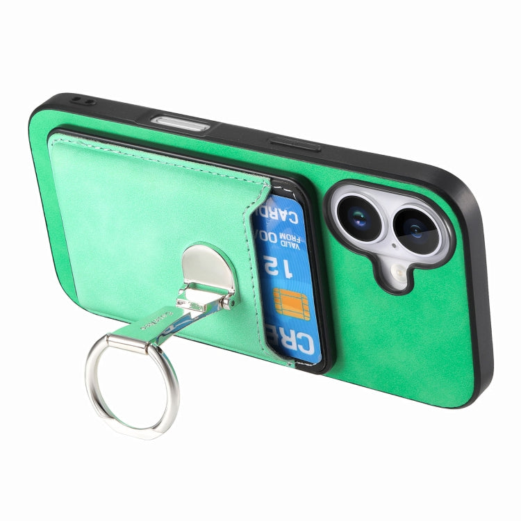 For iPhone 16 Plus Retro Folding Ring Holder Card Bag MagSafe Phone Case
