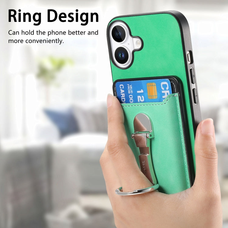 For iPhone 16 Plus Retro Folding Ring Holder Card Bag MagSafe Phone Case