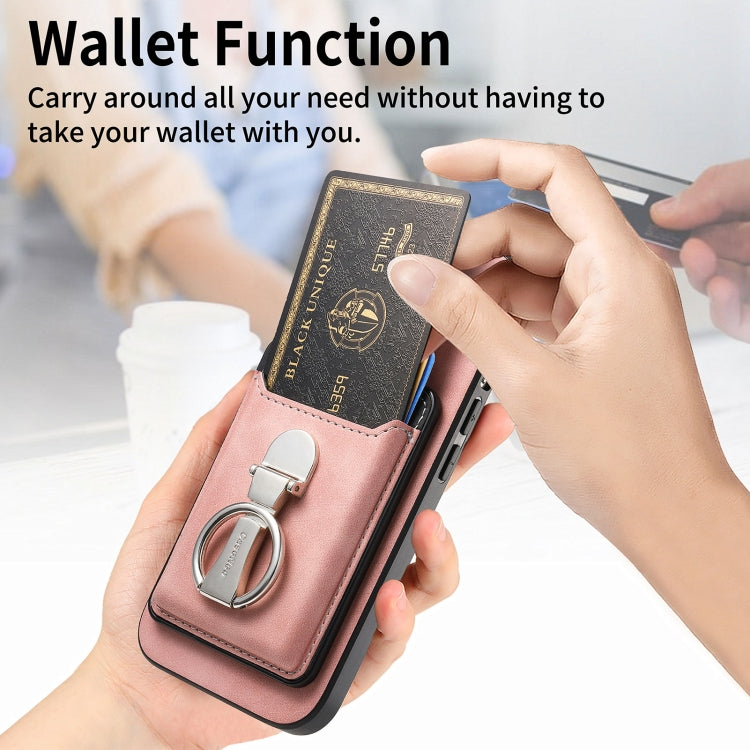 For iPhone 16 Plus Retro Folding Ring Holder Card Bag MagSafe Phone Case