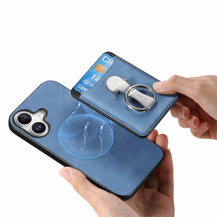 For iPhone 16 Plus Retro Folding Ring Holder Card Bag MagSafe Phone Case