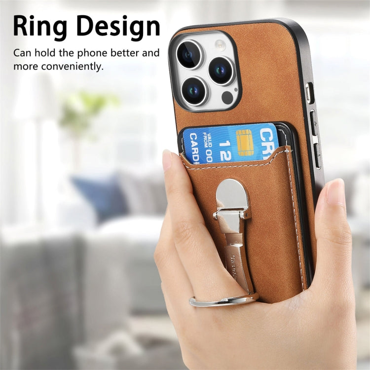 For iPhone 16 Pro Retro Folding Ring Holder Card Bag MagSafe Phone Case