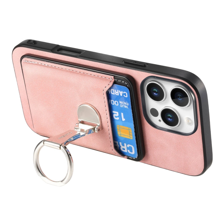 For iPhone 16 Pro Retro Folding Ring Holder Card Bag MagSafe Phone Case