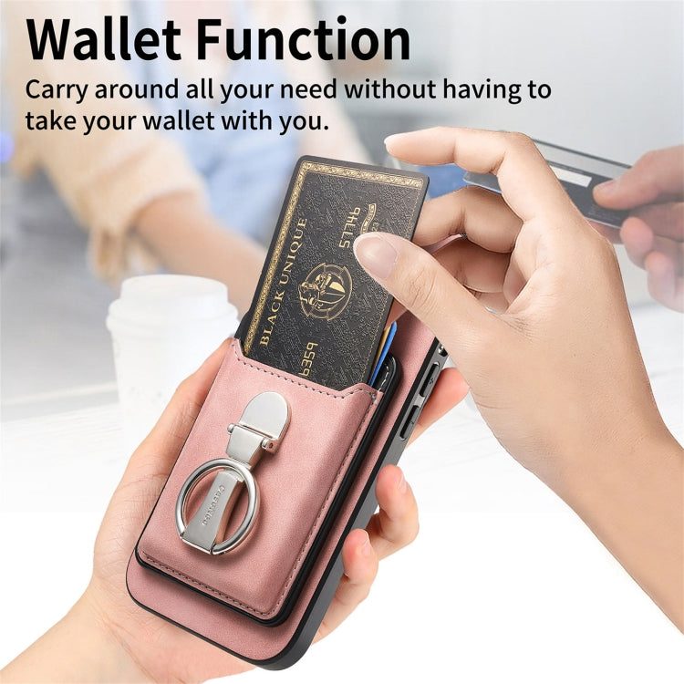 For iPhone 16 Pro Retro Folding Ring Holder Card Bag MagSafe Phone Case