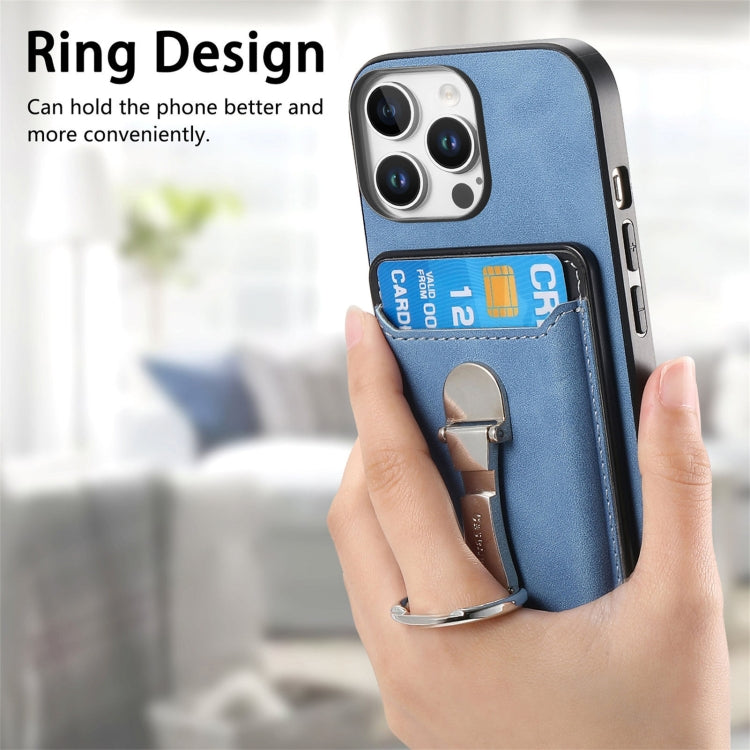 For iPhone 16 Pro Max Retro Folding Ring Holder Card Bag MagSafe Phone Case
