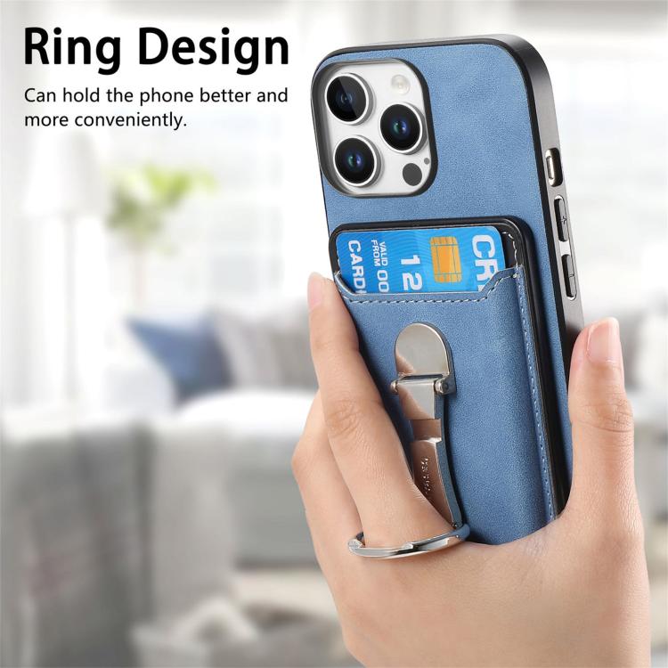 For iPhone 15 Pro Max Retro Folding Ring Holder Card Bag MagSafe Phone Case