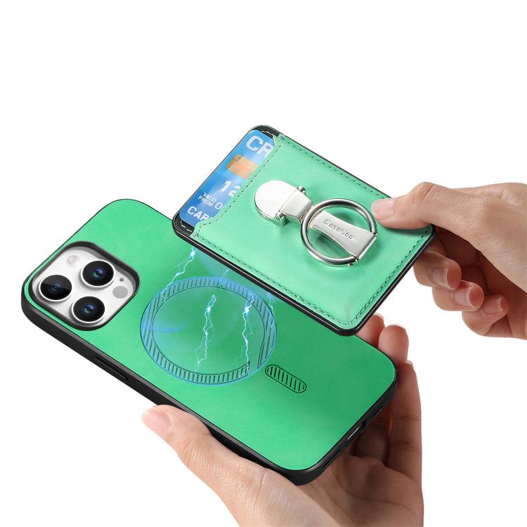 For iPhone 14 Retro Folding Ring Holder Card Bag MagSafe Phone Case