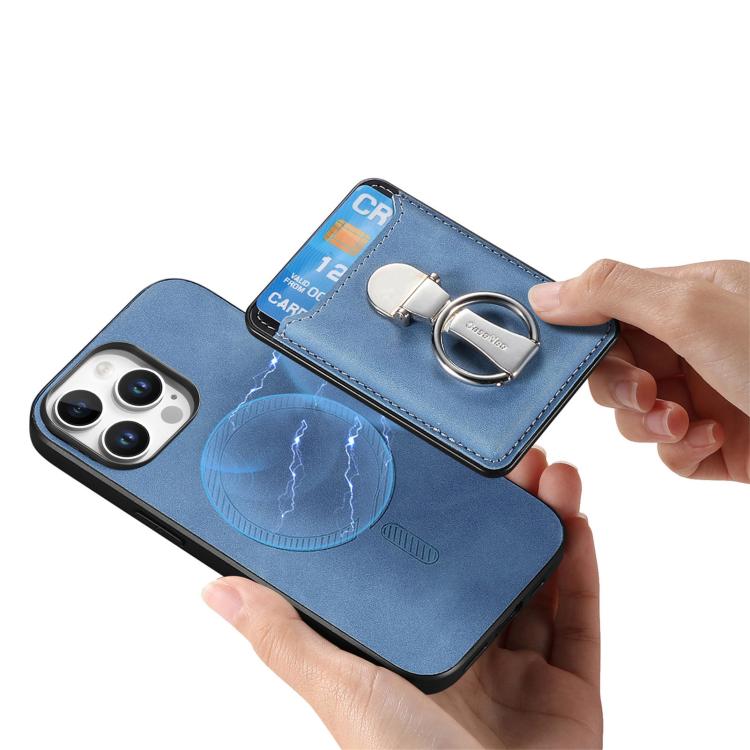 For iPhone 14 Retro Folding Ring Holder Card Bag MagSafe Phone Case