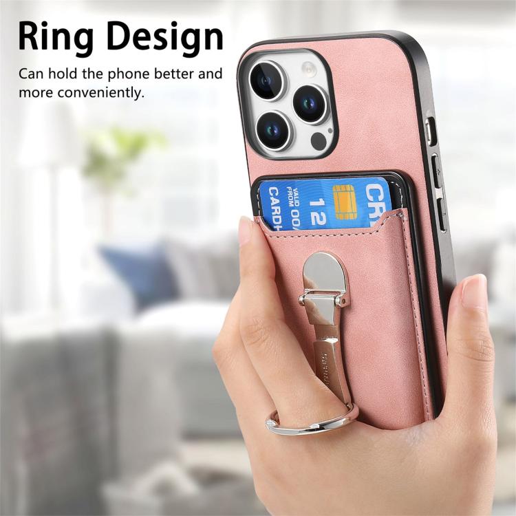 For iPhone 14 Pro Max Retro Folding Ring Holder Card Bag MagSafe Phone Case