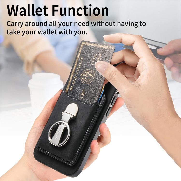 For iPhone 12 Pro Retro Folding Ring Holder Card Bag MagSafe Phone Case