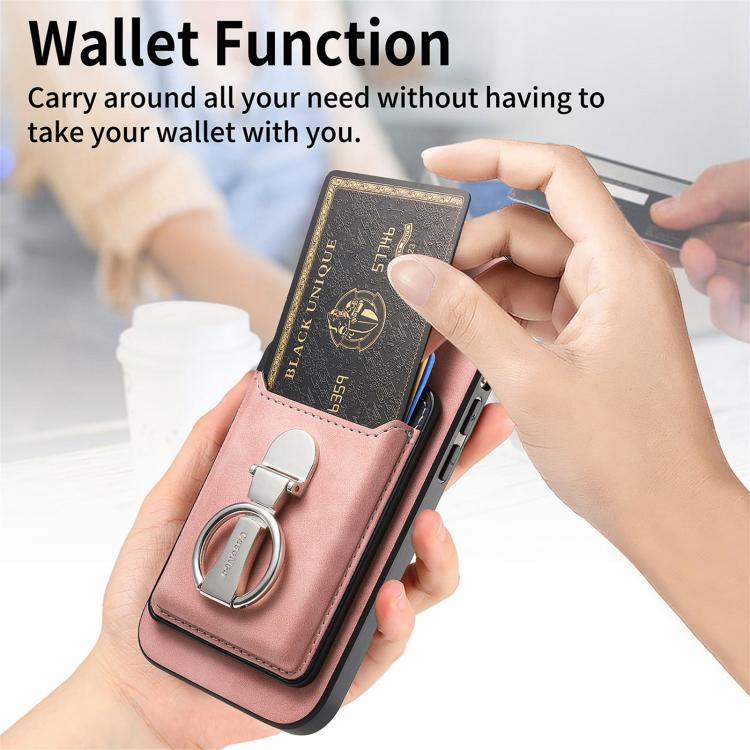 For iPhone 12 Pro Retro Folding Ring Holder Card Bag MagSafe Phone Case
