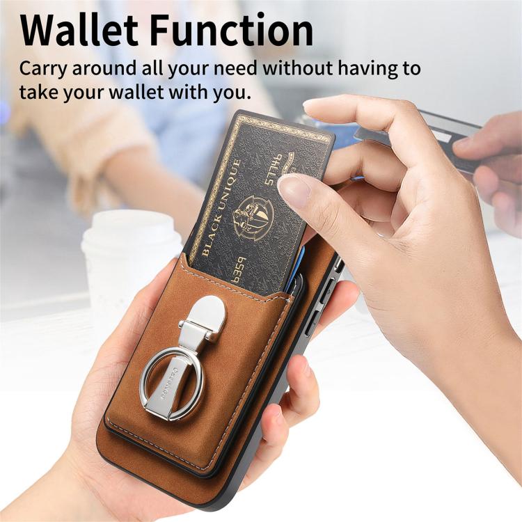 For iPhone 11 Pro Max Retro Folding Ring Holder Card Bag MagSafe Phone Case