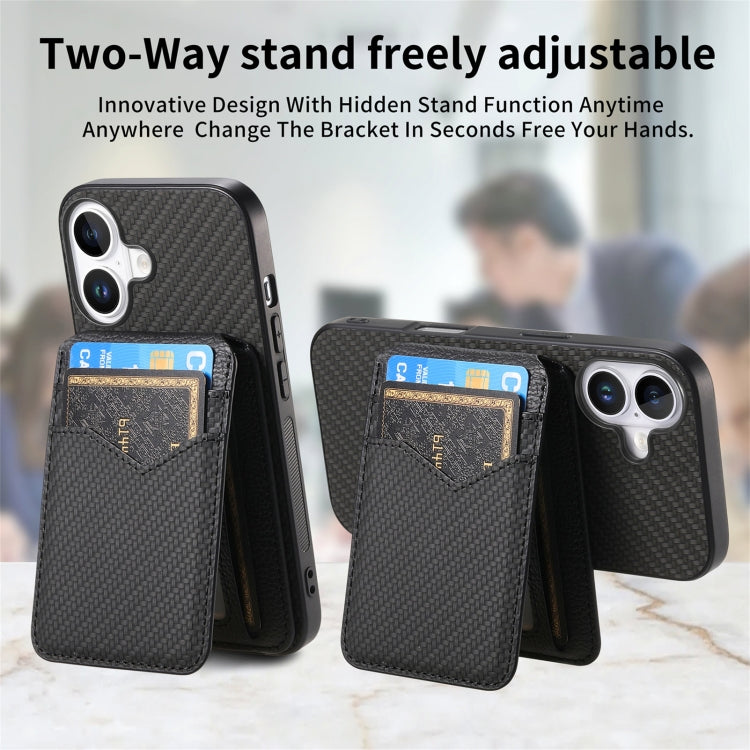 For iPhone 16 Carbon Fiber MagSafe Vertical Flip Card Bag Phone Case