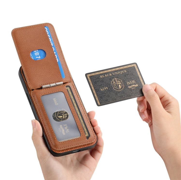 For iPhone 16 Carbon Fiber MagSafe Vertical Flip Card Bag Phone Case