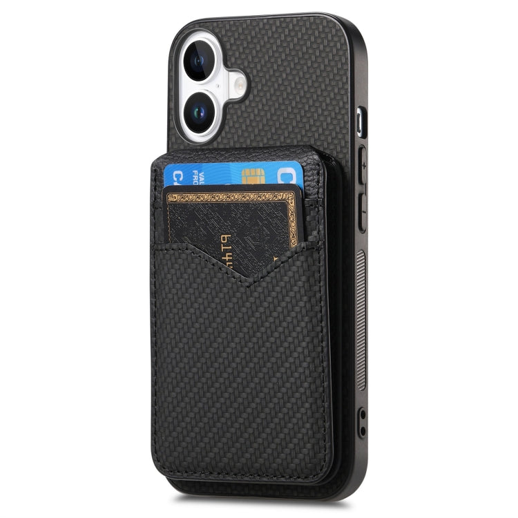 For iPhone 16 Plus Carbon Fiber MagSafe Vertical Flip Card Bag Phone Case