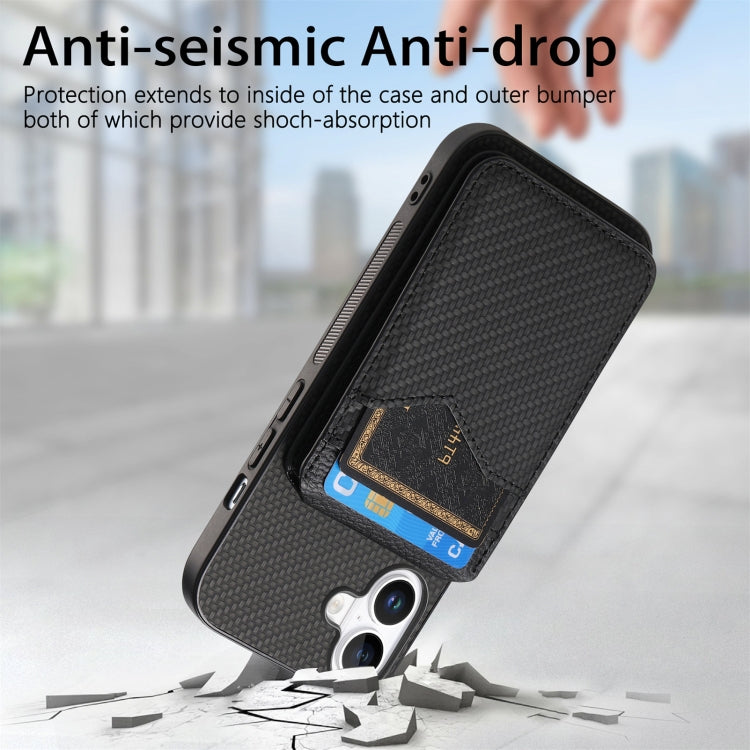 For iPhone 16 Plus Carbon Fiber MagSafe Vertical Flip Card Bag Phone Case