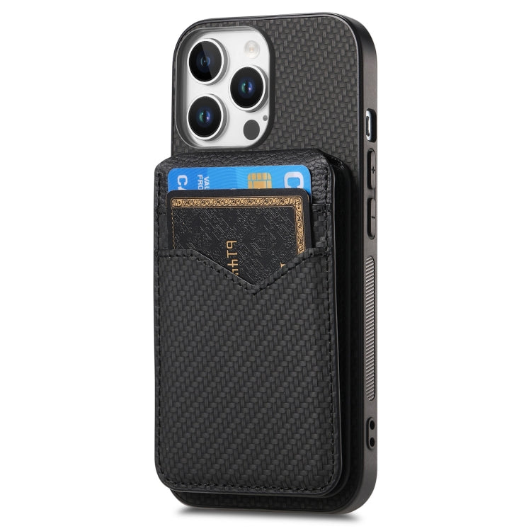 For iPhone 16 Pro Carbon Fiber MagSafe Vertical Flip Card Bag Phone Case