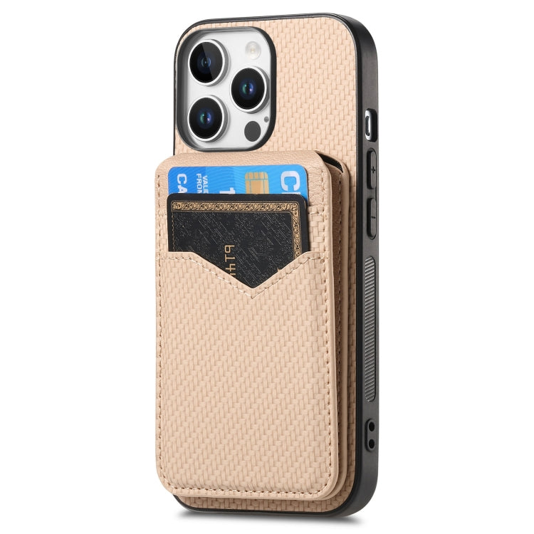 For iPhone 16 Pro Max Carbon Fiber MagSafe Vertical Flip Card Bag Phone Case