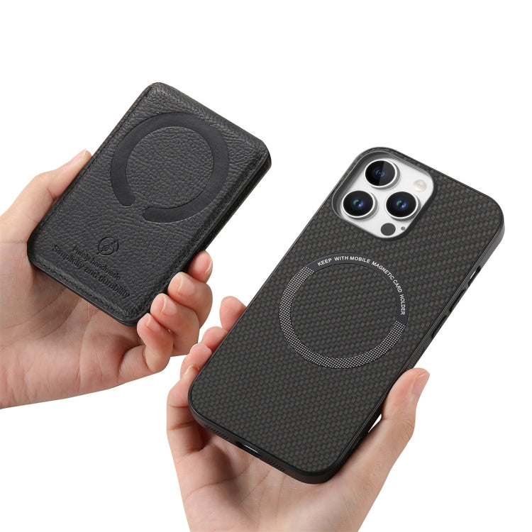 For iPhone 16 Pro Max Carbon Fiber MagSafe Vertical Flip Card Bag Phone Case