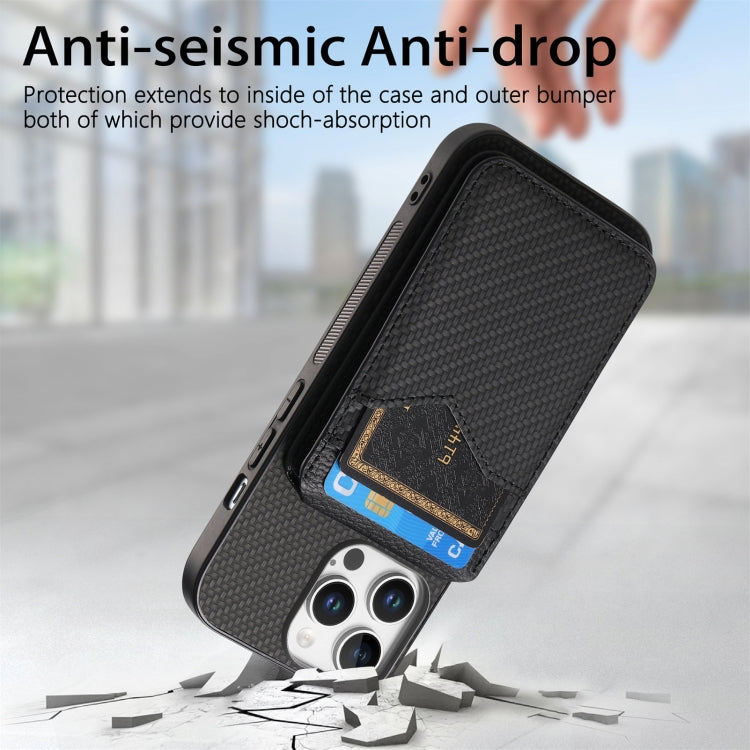 For iPhone 16 Pro Max Carbon Fiber MagSafe Vertical Flip Card Bag Phone Case