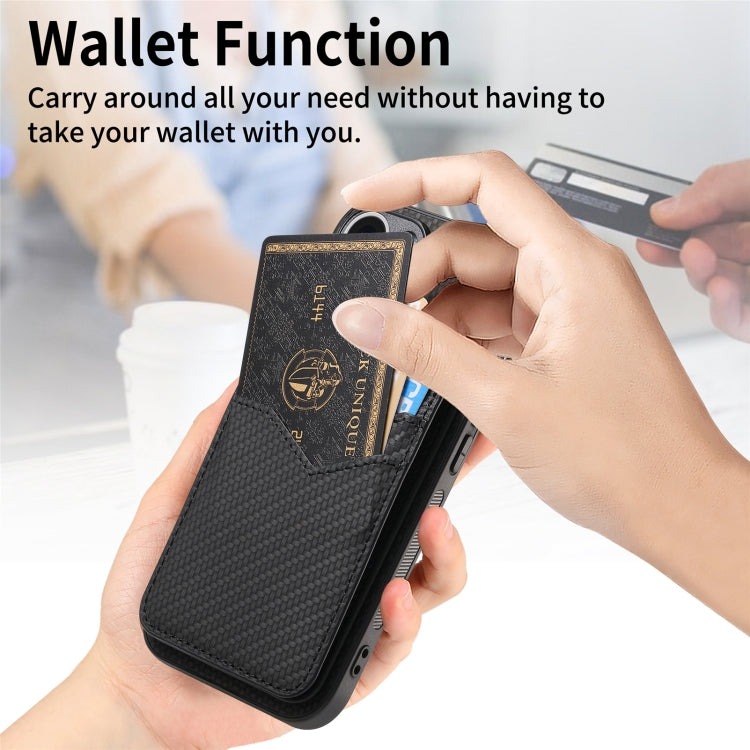 For iPhone 16 Pro Max Carbon Fiber MagSafe Vertical Flip Card Bag Phone Case