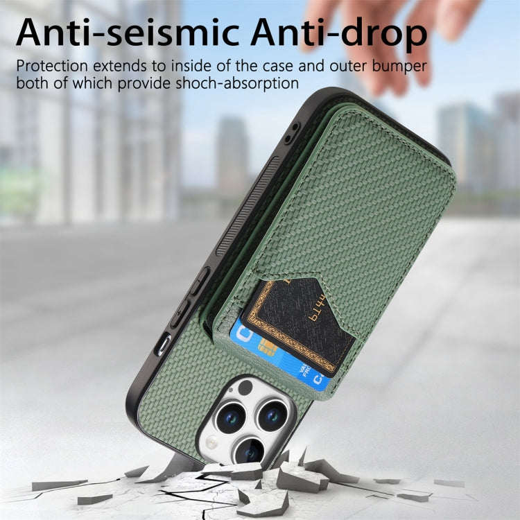 For iPhone 16 Pro Max Carbon Fiber MagSafe Vertical Flip Card Bag Phone Case