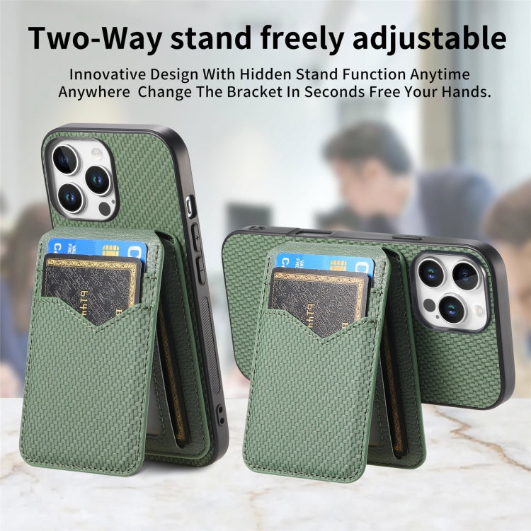 For iPhone 16 Pro Max Carbon Fiber MagSafe Vertical Flip Card Bag Phone Case