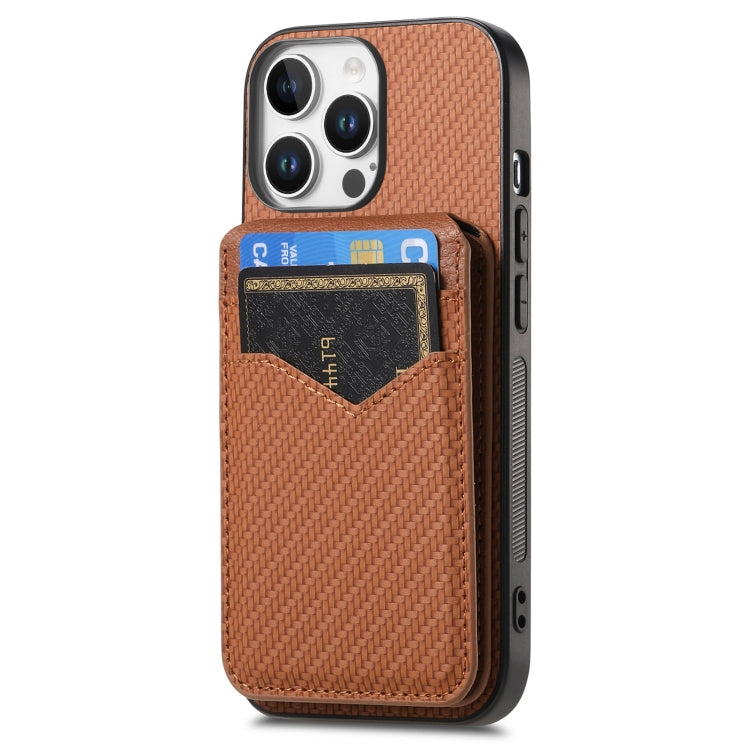 For iPhone 16 Pro Max Carbon Fiber MagSafe Vertical Flip Card Bag Phone Case