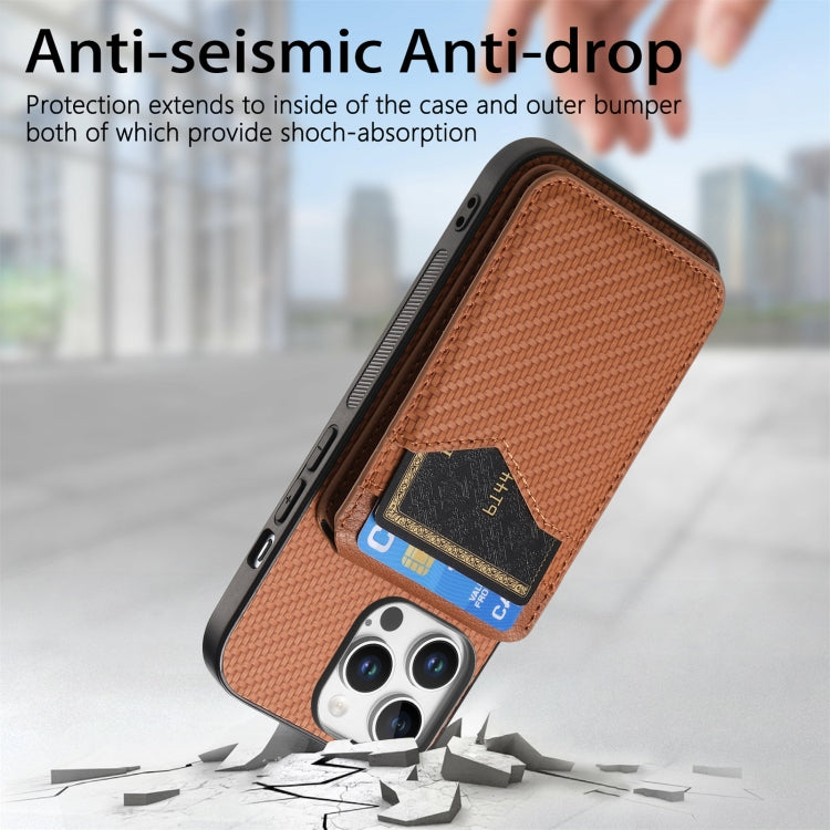For iPhone 16 Pro Max Carbon Fiber MagSafe Vertical Flip Card Bag Phone Case