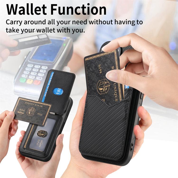 For iPhone 17e / 16e Carbon Fiber MagSafe Vertical Flip Card Bag Phone Case