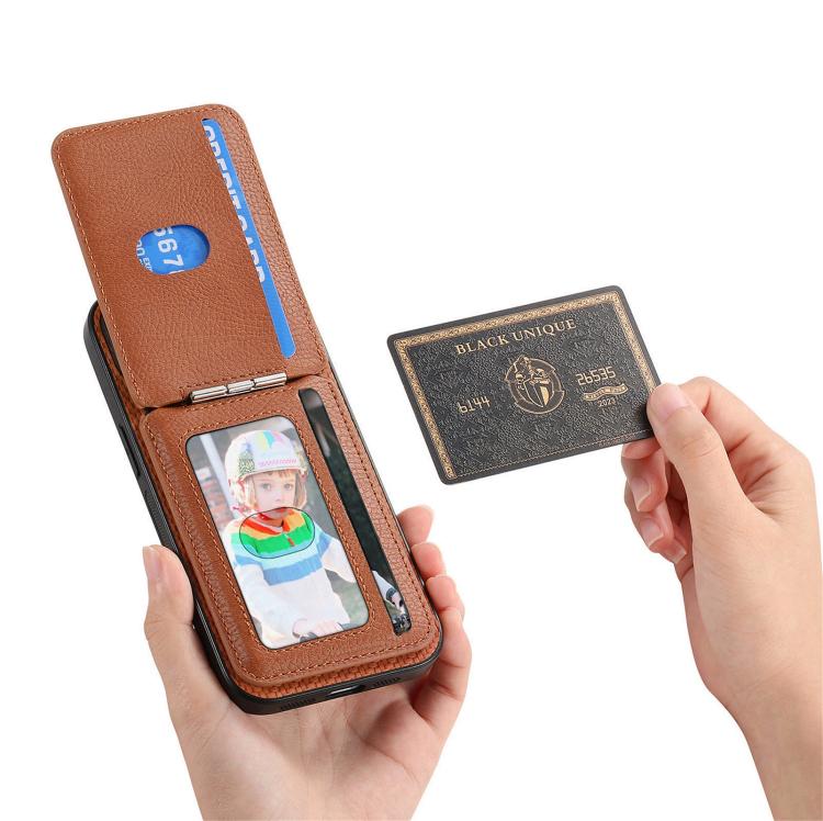 For iPhone 17e / 16e Carbon Fiber MagSafe Vertical Flip Card Bag Phone Case