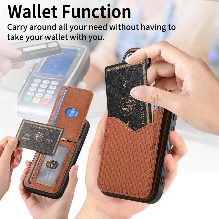 For iPhone 17e / 16e Carbon Fiber MagSafe Vertical Flip Card Bag Phone Case