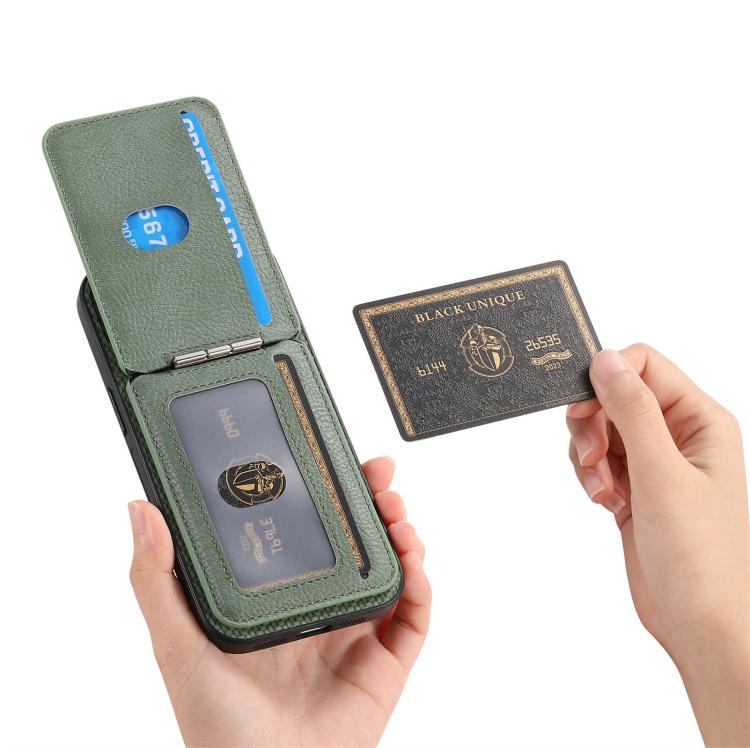 For iPhone 17 Pro Carbon Fiber MagSafe Vertical Flip Card Bag Phone Case