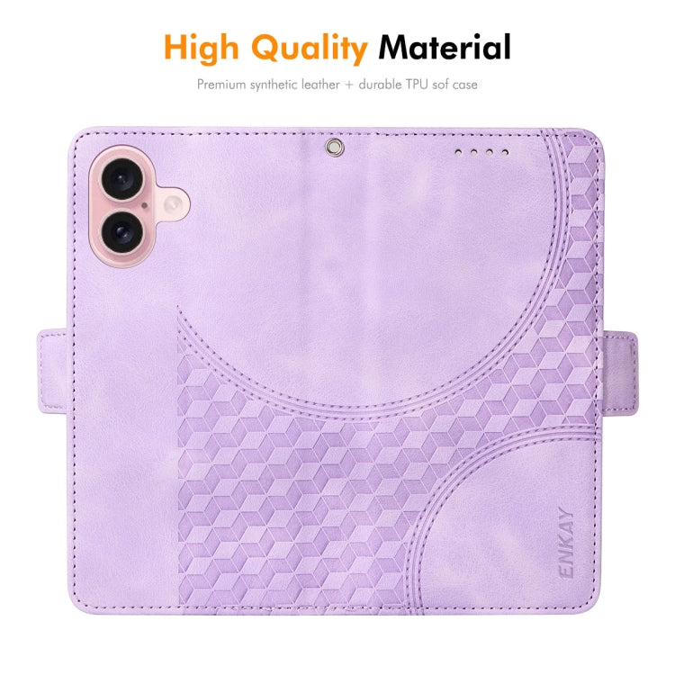 For iPhone 16 Plus ENKAY Embossed Rhombus Starry Leather Phone Case with Screen Film