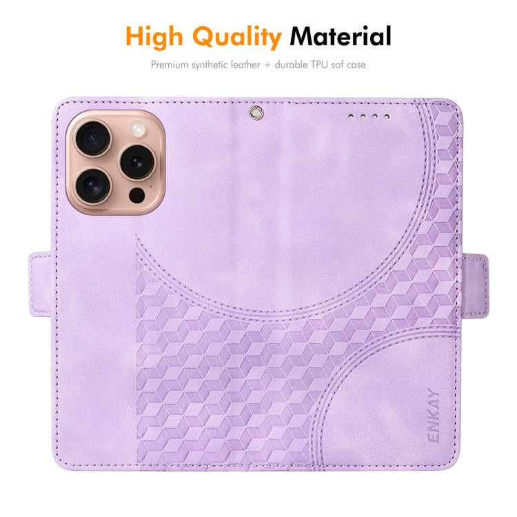 For iPhone 16 Pro ENKAY Embossed Rhombus Starry Leather Phone Case with Screen Film