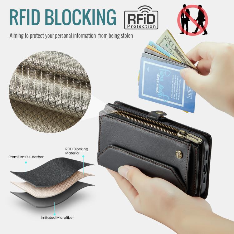 For Samsung Galaxy S25 FE 5G CaseMe C36 Card Slots Zipper Wallet RFID Anti-theft Leather Phone Case