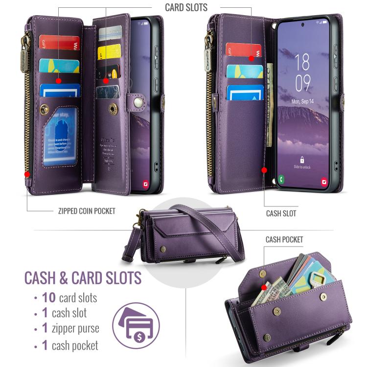For Samsung Galaxy S25 FE 5G CaseMe C36 Card Slots Zipper Wallet RFID Anti-theft Leather Phone Case